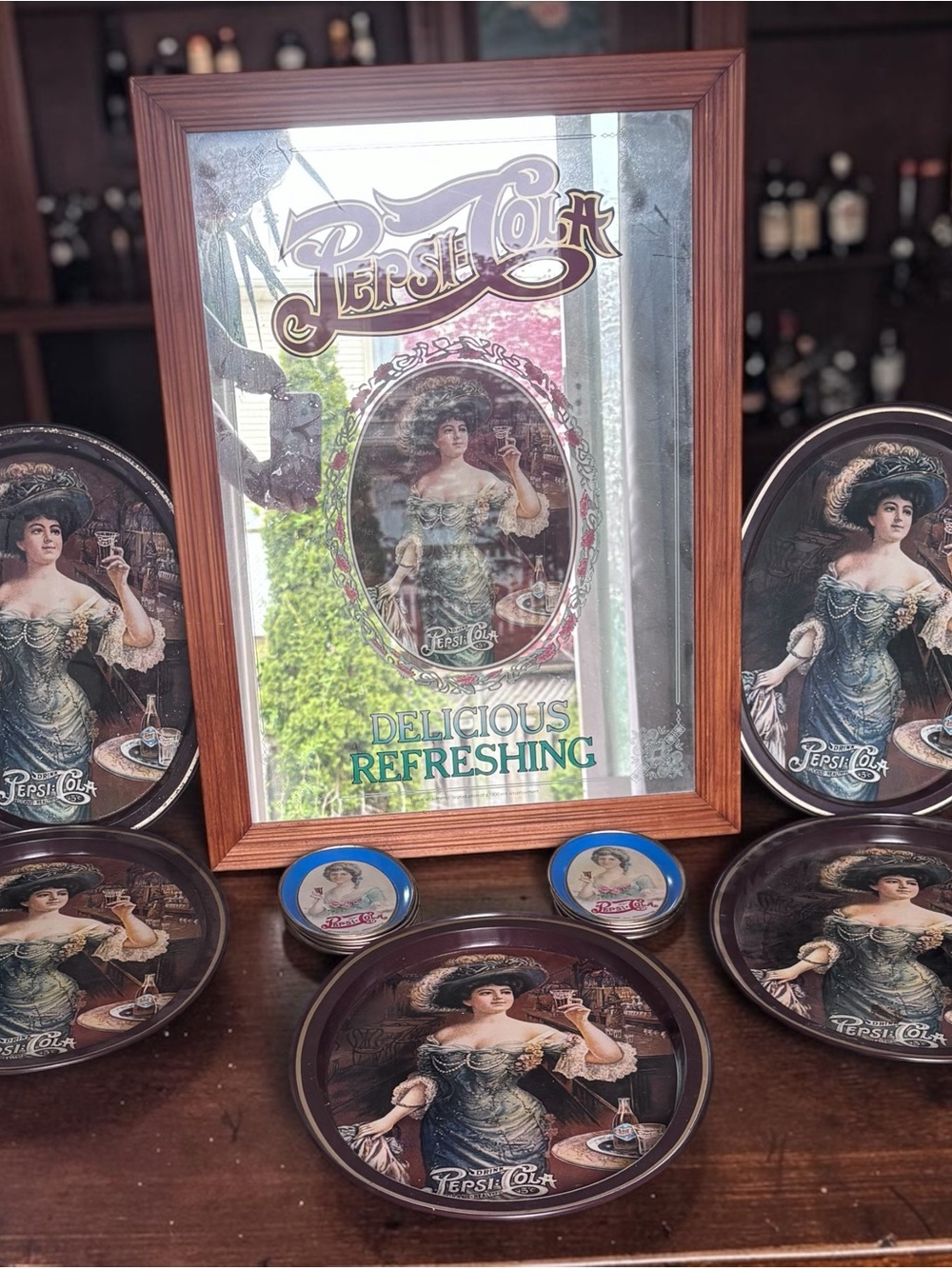 Vintage-Style Decorative Mirror and Tray Set - Brown Frame, Multi